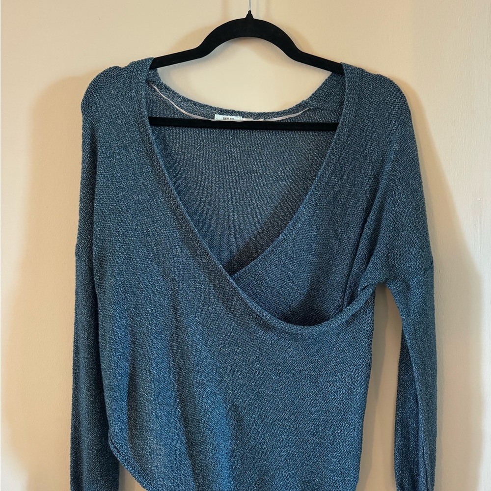 Blue and Silver V-Neck Women's Knit Top